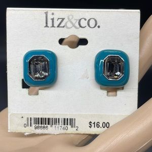 Y2k Liz Claiborne blue black stone square clip on earrings NWT